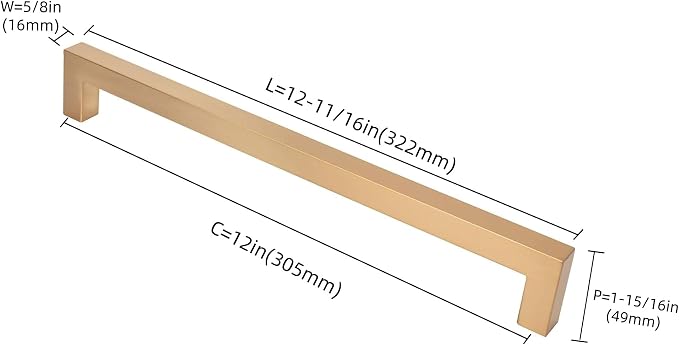 khtumeware 1 Pack 12 Inch Appliance Pull Brushed Brass Square Cabinet Handles and Drawer Pulls Solid Heavy Satin Brass Kitchen Hardware