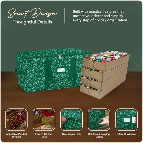 Covermates Keepsakes Adjustable Ornament Storage Bag – Heavy-Duty Polyester, Padded Dividers & FlexGrid Trays – Protective Holiday Ornament Organizer with Handles & Label Window, Green Snowflake
