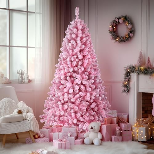 SHareconn 6.5ft Snow Flocked Spruce Pre-lit Artificial Christmas Tree, Pink