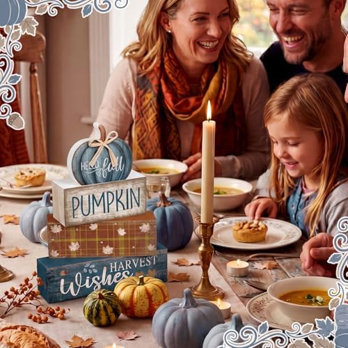 Lineshading 4 Pcs Blue Pumpkin Wooden Block Signs Fall Farmhouse Decor