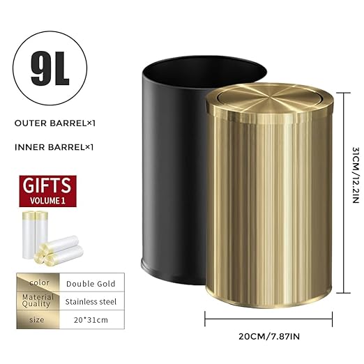 9 Liter/2.4 Gallon, Gold Trash can with Swing lid, Brass Small Trash can, Gold Trash Bin with Lid for Office, Living Room,Bathroom，Restaurant Bathroom