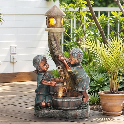 AUTODAYA 31" Boy and Girl Outdoor Fountain LED 3-Tier Cascading Waterfall