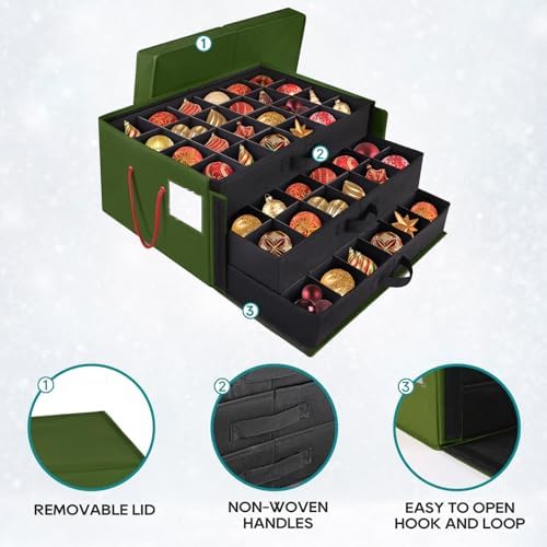 BlessedSeason Christmas Ornament Storage Box，Stackable 3 Drawer Organizers，Max 72 3" Christmas bauble, Adjustable Christmas Ball Storage Container Bins， Green