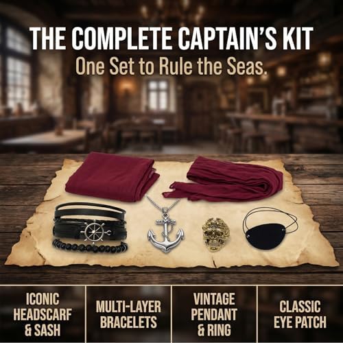 Men’s Pirate Costume Set, 8-Piece Renaissance Medieval Outfit Accessories