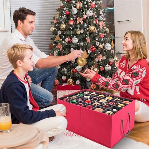 BlessedSeason Christmas Ornament Storage Box，Stackable 3 Drawer Organizers，Max 72 3" Christmas bauble, Adjustable Christmas Ball Storage Container Bins, Red