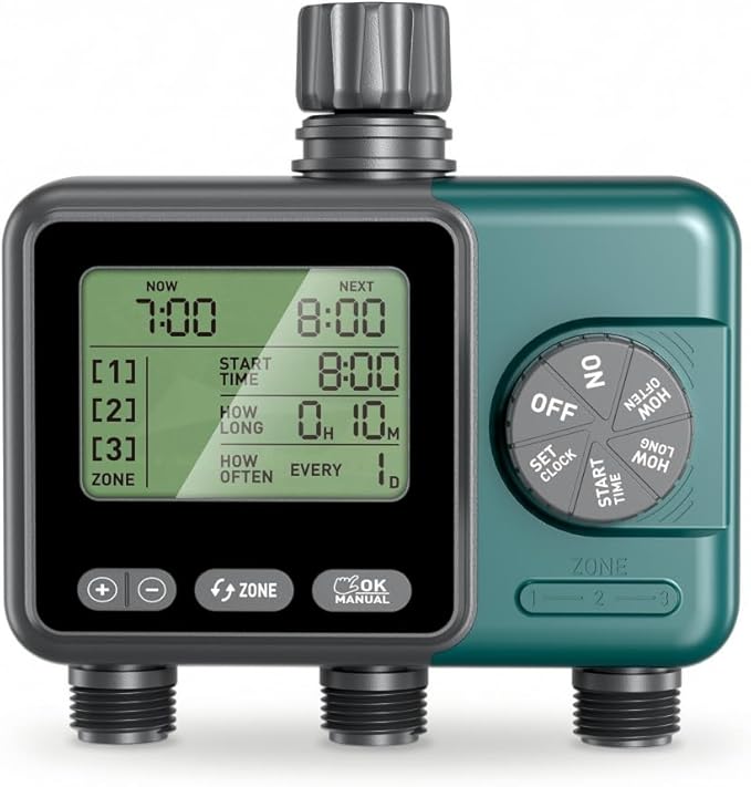 Sprinkler Timer 3 Zone, Programmable Water Timer for Garden Hose with Rain Delay, Manual and Automatic Irrigation Controller System, 3 Outlets Timed Irrigation Controller System for Lawn