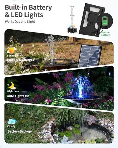 POPOSOAP 8W Solar Fountain Pump with 3200mAh Battery Backup & LED Lights, Solar Water Fountain Kit with 8 Nozzles & PVC Tubing for Bird Bath, Pond, Fish Tank, Backyard Decor P108DL