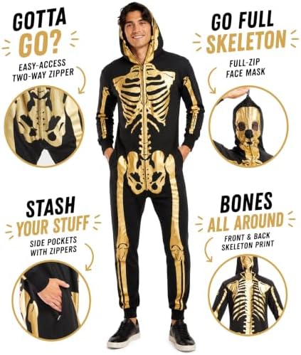 Tipsy Elves Men's Halloween Skeleton Costume Hooded Jumpsuit Adult Onesie
