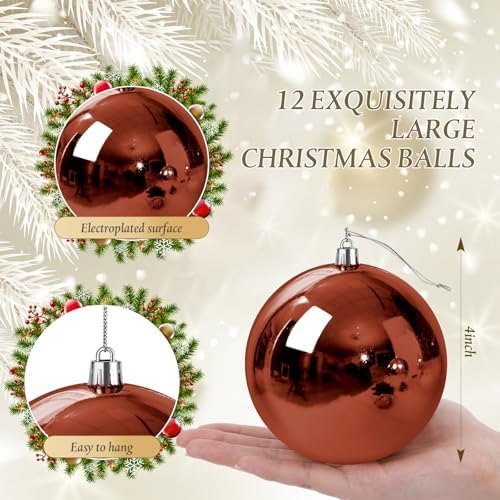 Jenaai 12 Pcs Large Brown Christmas Ball Ornaments Xmas Tree Decor, 4Inch