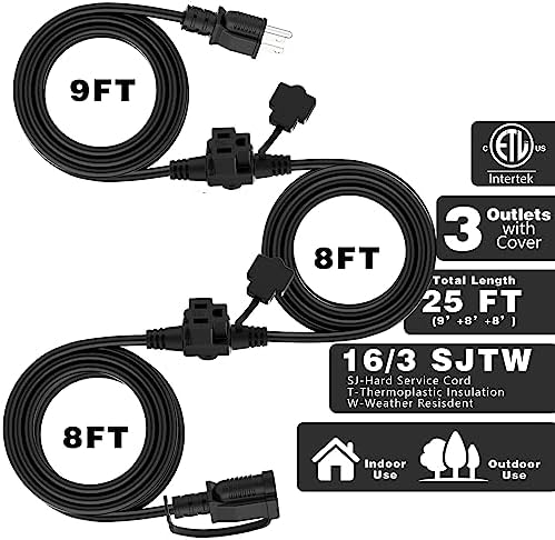 K KASONIC Outdoor Extension Cord 25 FT, Evenly Spaced 3 Outlets, Black