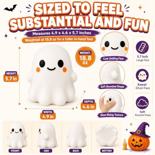 Cute Ghost Squishy 5.7 inch Jumbo Soft Slow Rising Squeeze Fidget Male Female Styles Halloween Stress Relief Desk Accessory Party Favor Kawaii Decor Classroom Gift for Kids Teens Adults