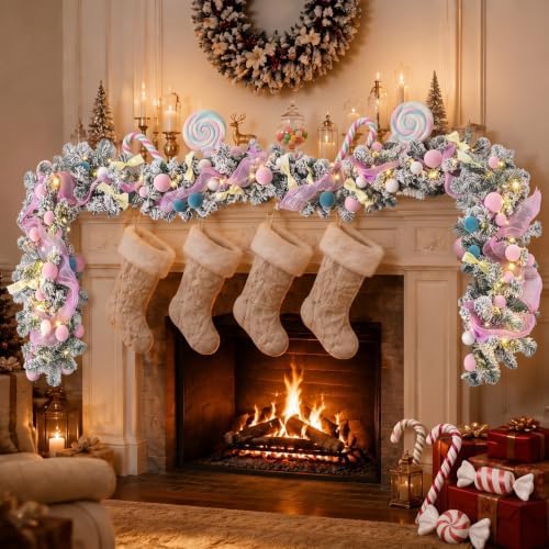 Riceshoot 6 ft Pastel Macaron Christmas Garland LED Lights Frosted Pine