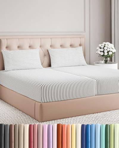 Split King Size 5 Piece Sheet Set - Breathable & Cooling - Grey Stripes