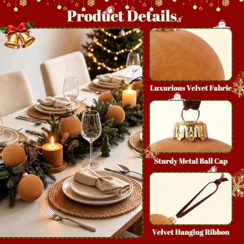 TOWPONICS 15 Pcs Brown Velvet Christmas Balls, 3.15 Inch Large Velvet Ornaments for Christmas Tree, Shatterproof Flocked Ornaments Balls for Tree, Holiday, Wedding, Family, Elegant Christmas Decor