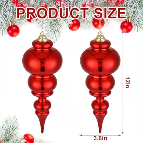Soulchen 2 Pcs 12" Large Christmas Finial Drop Ornaments, Shiny, Red