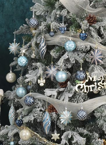 82Pcs Blue and Gold Christmas Ornaments Set, Plastic Assorted Christmas Decorations for Tree Shatterproof Baubles Snowflake Xmas Ball Ornaments for Holiday Decor (Blue&Gold)
