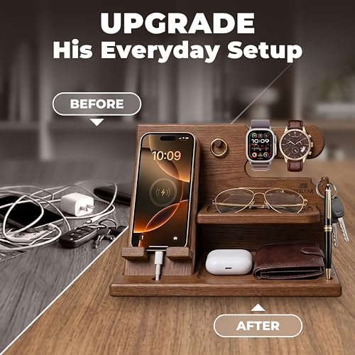 TESLYAR Wood Phone Docking Station for Men - Desk or Nightstand Organizer - Birthday Gifts for Husband or Dad - Anniversary Idea from Wife - Key Holder, Stand Wallet, Watch & Essentials (Earth Beige)