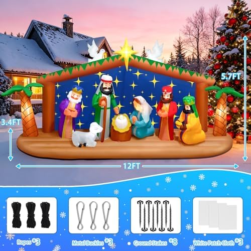Kalolary 12FT Long Christmas Inflatable Nativity Scene