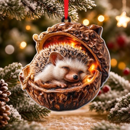 3D Forest Animal Acorn Ornaments, Woodland Christmas Decor with Realistic Animal Figures, Resin Hanging Ornaments for Christmas Tree, Home, Party Decor, Cozy Forest Theme Collection (Hedgehog)