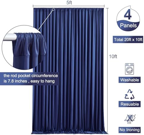 4 Panels Navy Blue Backdrop Curtain for Parties Wrinkle Free Photo Curtains Backdrop Drapes Fabric Decoration for Wedding Birthday Party Baby Shower 20ft(W) x 10ft(H)