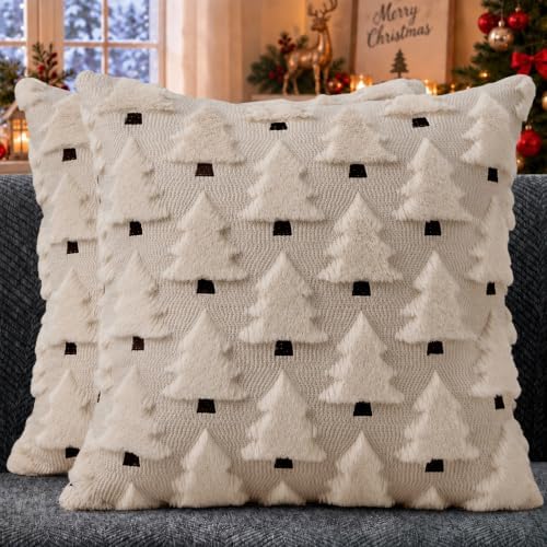 Allorry Christmas Pillow Covers 24x24 inch Set of 2 Christmas Decorations Soft Plush Faux Fur Wool Beige Christmas Tree Throw Pillow Cases Winter Holiday Decor for Sofa Living Room PT002C24
