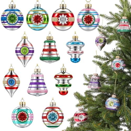 12 Pcs Christmas Vintage Glass Reflector Ornament,Striped