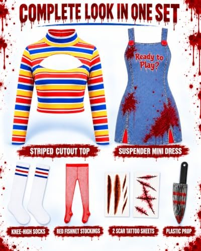 Halloween Killer Doll Costume for Women, Adult Creepy Doll Cosplay Set