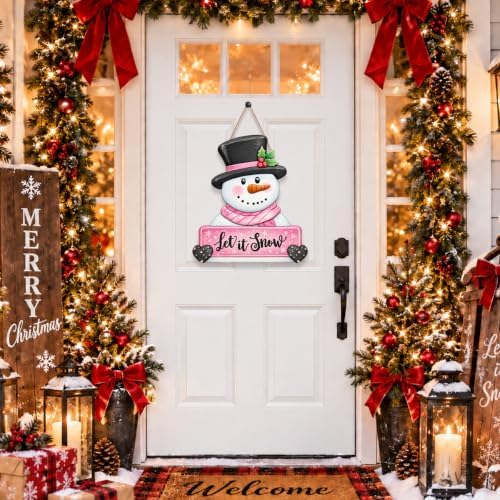 Christmas Decorations Winter Pink Snowman Hanging Wooden Front Door Sign
