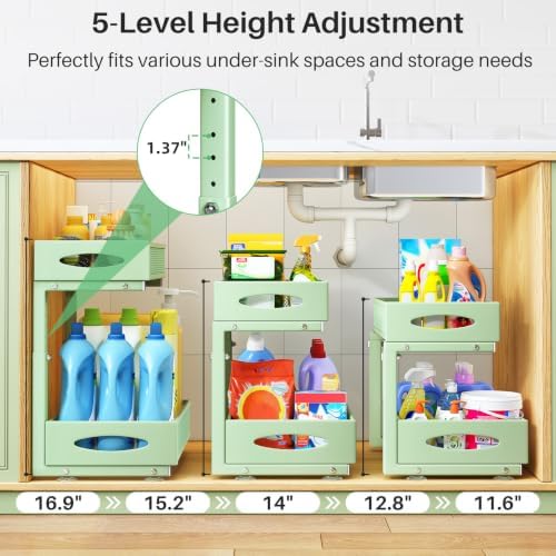 Under Sink Organizer, 2 Tier Pull out Cabinet Organizer Baskets with Mesh Sliding Drawers, Slide out Storage Shelf for Home, Kitchen, Bathroom, Pantry, Office Cabinet(1 Pack, Green)