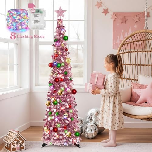 N&T NIETING Pop Up Christmas Tree with Lights & Ornaments, 5FT, Rose Gold