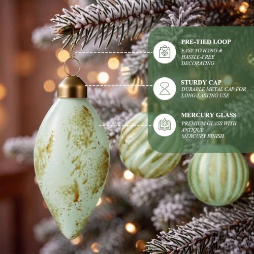 Syhood 18 Pcs Sage Green Christmas Mercury Glass Balls Ornaments, 6 Styles