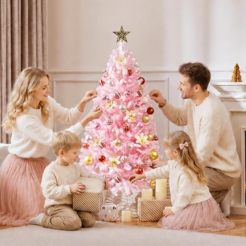 Yaheetech 4.5ft Pre-lit Christmas Tree with 150 Warm White Lights, Pink