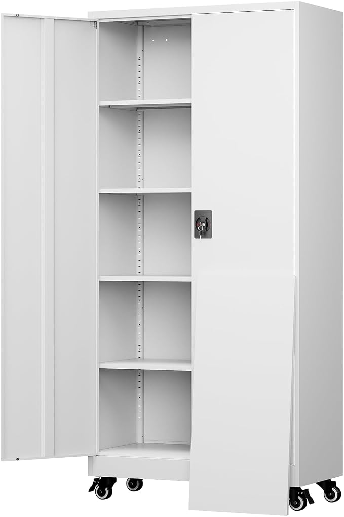 Metal Garage Storage Cabinet with Locking Doors and Adjustable Shelves,- 75" Rolling Steel Tool Cabinet for Home Office,Garage,Warehouse