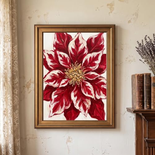 Framed Canvas Wall Art Expressive Painterly Red Poinsettia Deep Red and Creamy White Impasto Canvas Print Poster Gold Frame Wall Decor for Living Room Bedroom Floral Art, Holiday Decor - Inch 12x16