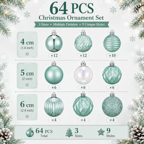 Lunmon 64 Pcs Teal Christmas Ball Ornaments Iridescent Clear Xmas Bulbs
