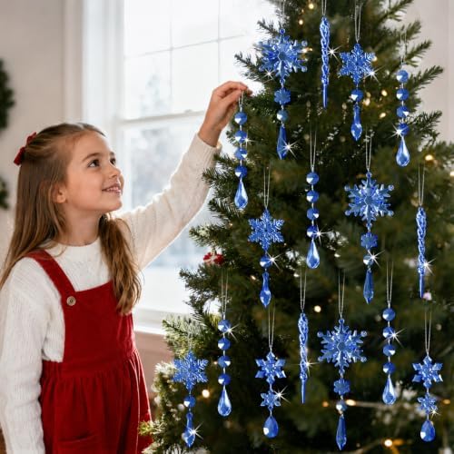 36pcs Crystal Christmas Ornaments for Tree Decorations, Royal Blue Hanging Acrylic Snowflake Icicle Star Ornaments with Drop Pendants for Winter Wonderland Chandelier Crystals Decorations Supplies