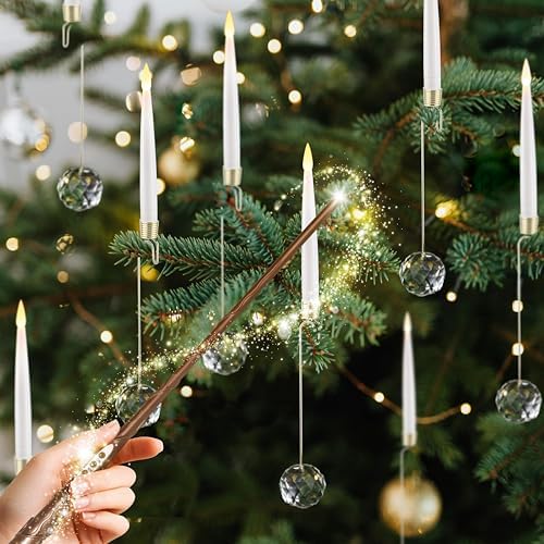 LUSHARBOR Christmas Tree Candles with Wand, 10 Pack Flameless Taper Candles