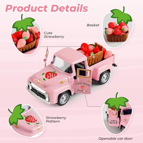 Strawberry Truck Decor, Pink Pickup Truck with Fake Strawberries, Rustic Farmhouse Tiered Tray Decor, Spring Country Kitchen Decorations for Home Office