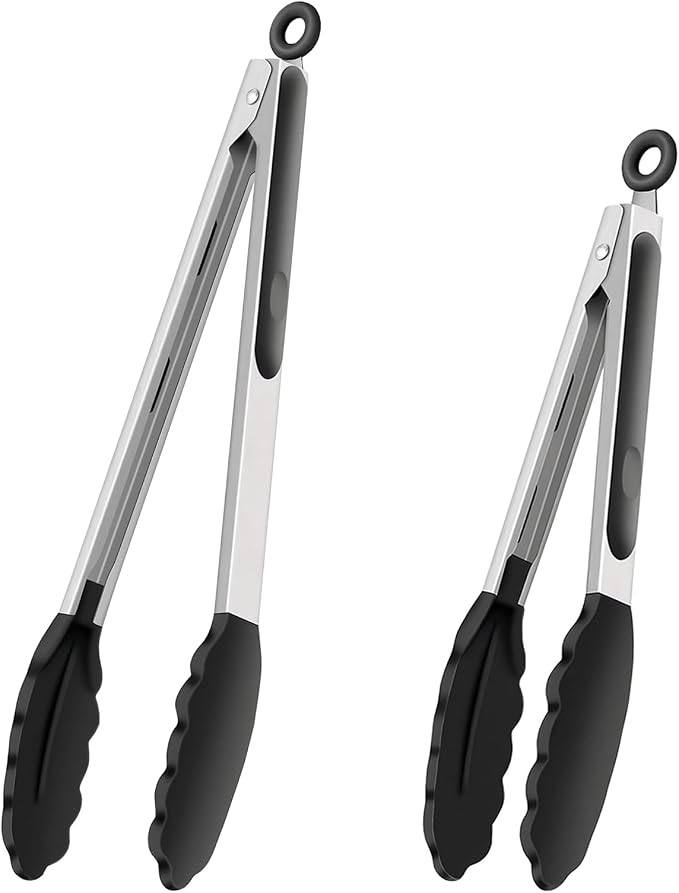 TTVOVO Silicone Tongs for Cooking Heat Resistant Kitchen Tongs Black 2Pcs