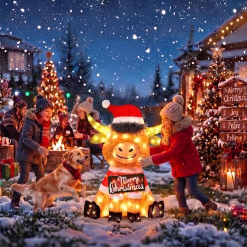 3D Lighted Highland Cow Outdoor Christmas Decor with Timer&Remote Control