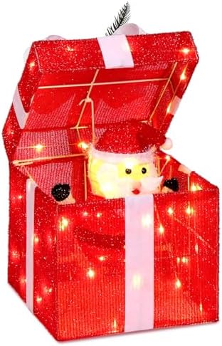 VINGLI 12in Red Lighted Gift BoxLighted Snowman Santa Claus Electric Open Christmas Decor LED Lights Indoor Outdoor Porch Lawn Yard Outdoor Porch Lawn Yard