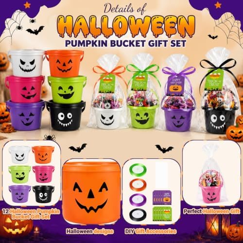 Halloween Plastic Pumpkin Candy Buckets Gift Set,12-Pcs(6 Colors)