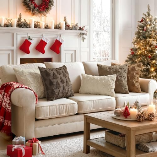 MIULEE Christmas Throw Pillow Covers Reddish Brown Christmas Decorations Set of 2 Xmas Tree 18x18 Pillow Covers Soft Faux Wool Pillowcases Holiday Festivals Winter Home Decor Sofa Couch Bed Porch