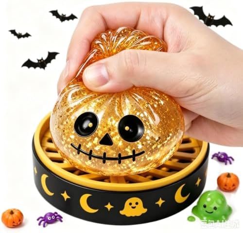 Halloween Spooky Pumpkin Stress Ball Squeeze Toy for Adults, Slow Rise Glitter DumplingSpooky Ghost Decorations, Halloween Cute Pumpkin Squeeze Fidget Toy for Stress Anxiety Relief(Yellow)