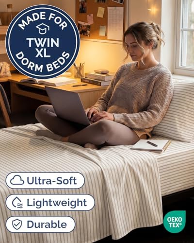 Twin XL Size 3 Piece Sheet Set - Comfy Breathable & Cooling - Beige Stripes
