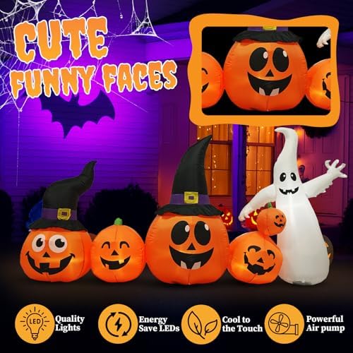 Outvita Halloween Inflatable Ghost Pumpkin 8FT, Blow Up Outdoor Decoration with LEDs, Halloween Decor for Yard, Party, Garden