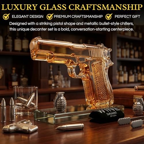 Bullet Whiskey Stones with Vintage Wooden Case, 9oz Gun Decanter, Stainless Steel Ice Cubes Chilling Bullets, Grenades, Pistol, Tongs, Velvet Bag Whiskey Gift Set for Men, Dad, Husband, Boyfriend Cool