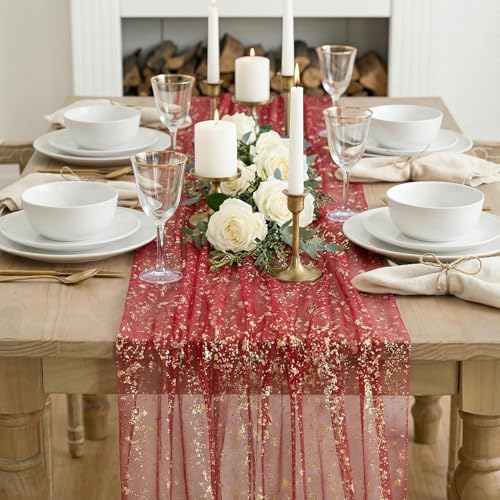 Artoid Mode Red Gold Gauze Table Runner 59x120 Inch 10FT, Glitter Metallic Foil Sheer Dining Wedding Anniversary Holiday Table Decor for Home Party