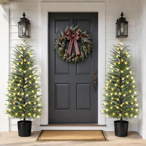 ENVEN 5FT Prelit Norfolk Pine Christmas Tree Real Touch Artificial Cedar Tree with 80LED Lights & 8-Function Plug-in Potted Faux Trees for Front Porch, Entryway, Patio, Christmas Indoor Outdoor Decor