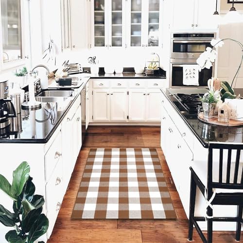 Homydecor Buffalo Plaid Outdoor Rugs, 4'x6' Coffe and White Checkered Area Rug, Layering Rug for Hello/Welcome Door Mat, Washable Cotton Woven Farmhouse Mat for Front Porch Décor